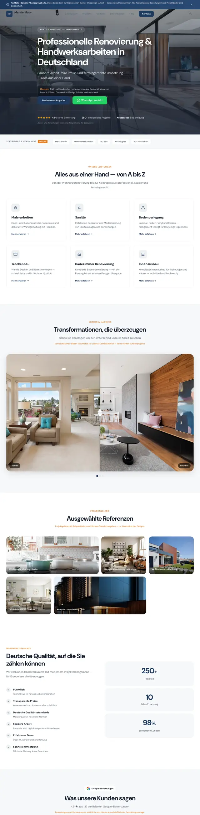 Startseite der Beispiel-Website für einen Renovierungsbetrieb mit Vorher-Nachher-Vergleich