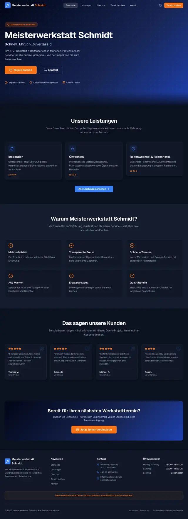 Startseite der Beispiel-Website für eine Kfz-Werkstatt mit Leistungen und Preisen